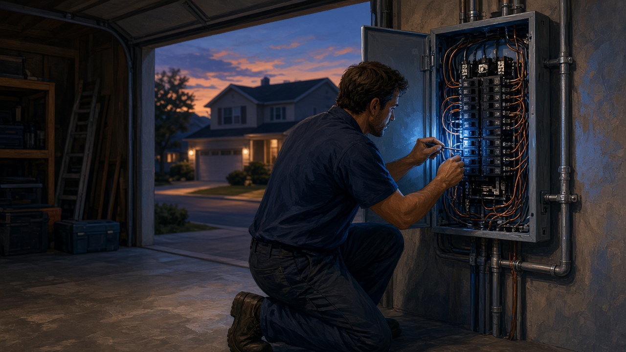 Electrician at an open residential panel in a Katy garage